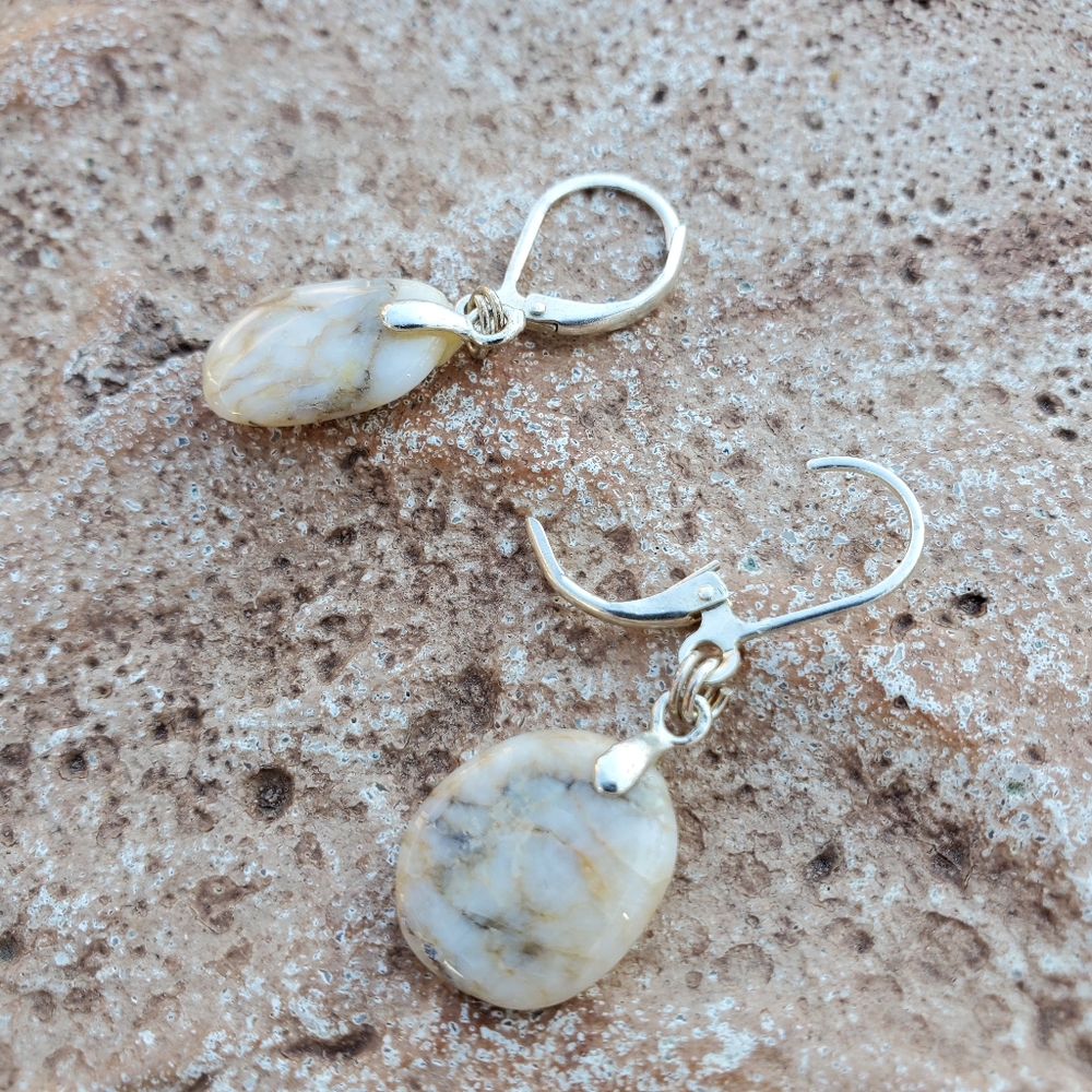 VINTAGE Sterling Silver Raw Stone Earrings Copper Dainty Artisan Marble Boho - Picture 5 of 12